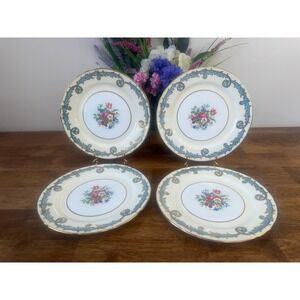 Aynsley England Bone China Luncheon Plates Set Blue Scroll Floral Gold Trim
